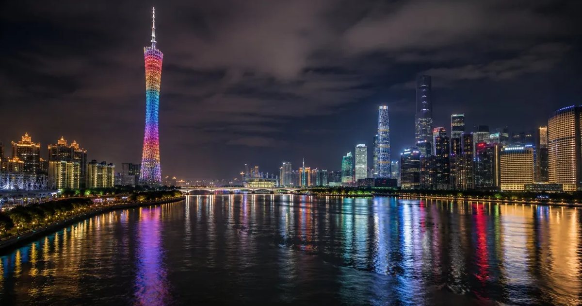 Skyline noturno de Guangzhou com a Canton Tower